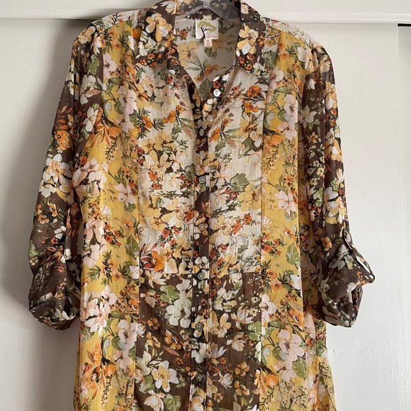 Anthro Fig & Flower Fall Floral Tab Sleeve Button Down Tunic Blouse S Semi Sheer - Picture 7 of 13